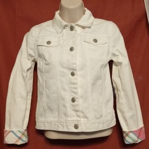 Chaps White Denim Button Front Jacket Plaid Cuffs